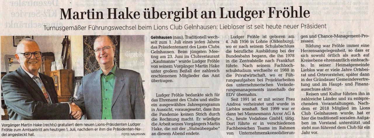 Ludger Fröhle neuer Präsident des Lions Club Gelnhausen