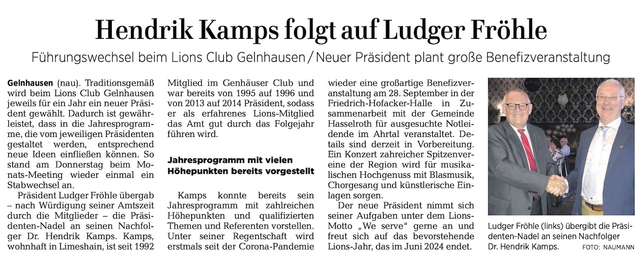 turnusgemäßer Wechsel: Dr. Hendrik Kamps übernimmt Präsidentschaft des Lions Club Gelnhausen