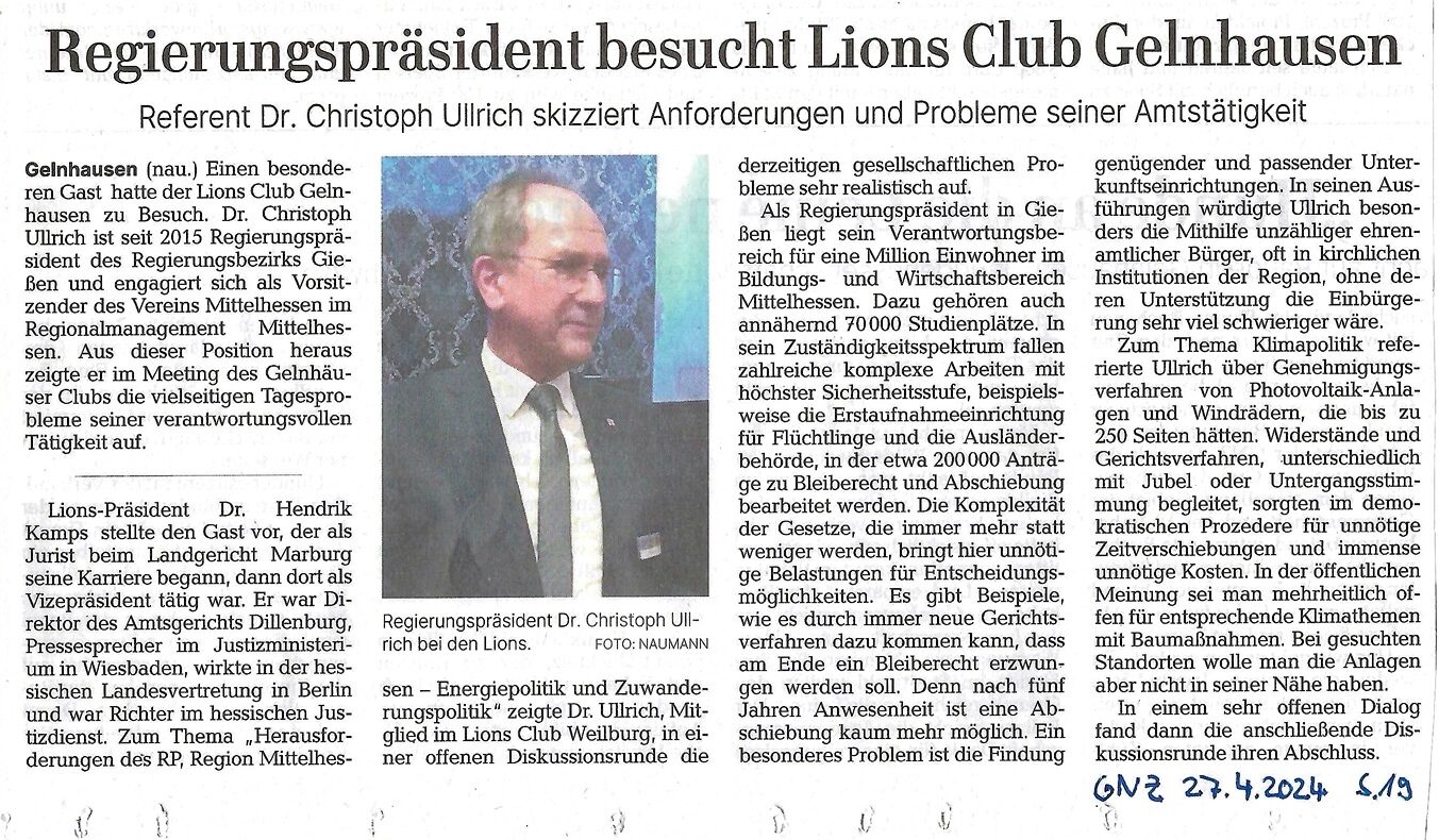 Zeitungsartikel Regierungspräsident Ulrich besucht Lions Club Gelnhausen