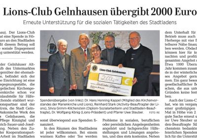 Dezember 2018: Lions Club übergibt 2000 Euro für Stadtladen
