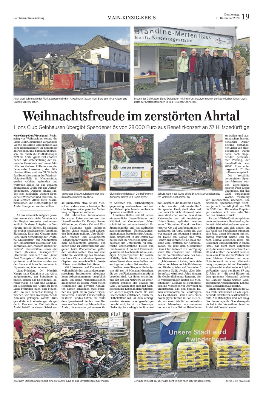 28.000 Euro für hilfsbedürftige Opfer der Flutkatastrophe im Ahrtal