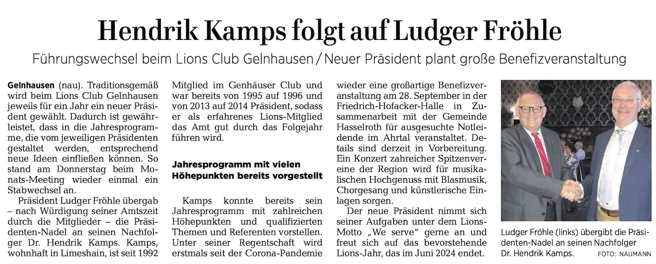 Turnusgemäßer Wechsel: Dr. Hendrik Kamps übernimmt Präsidentschaft des Lions Club Gelnhausen