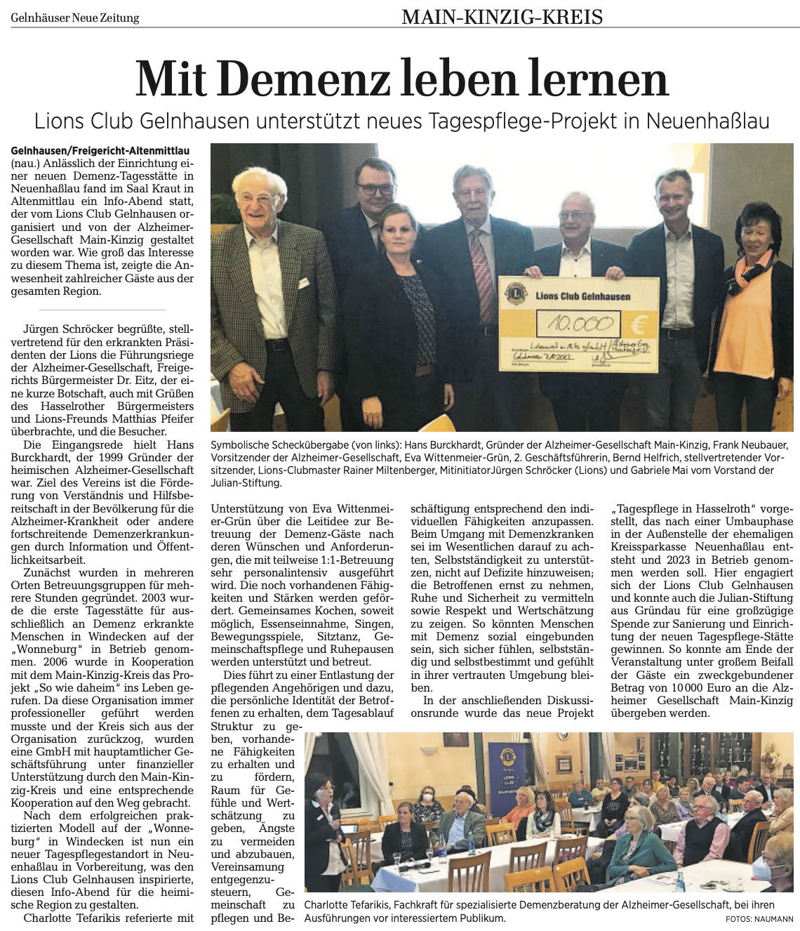 10.000 Euro für neue Tagespflege – Info-Abend Demenz am 7.10.2022