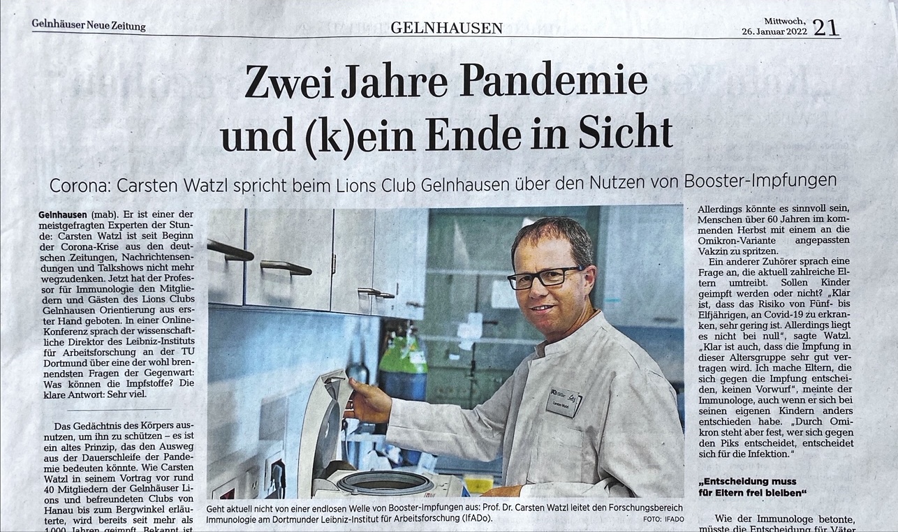 Aufgrund der aktuellen Corona-Situation wieder als Online-Veranstaltung, trotzdem mit großer Resonanz: Dr. Carsten Watzl, Professor für Immunologie, informierte am 20.1. über die Corona-Impfstoffe und ihre Wirkung.